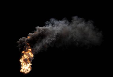 Yoğun dumanlı ve yüksek alevli izole bir ateş gibi. Siyah arka planda güçlü bir rüzgarla düzenli olarak yanıyor.