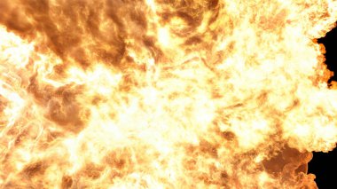 Yoğun alevler ve dumanla büyük ve büyük bir patlama tüm kareyi kaplayan kaotik ve ateşli bir sahne yaratıyor.