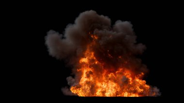 Yoğun yoğun ateş, üzerinde yoğun bir duman yükseliyor ve Parlak Alevler Kara Arkaplan 'da önemli bir yanma olayı gösteriyor