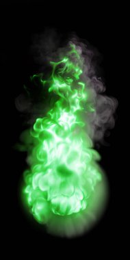 Yeşil alevler ve yanan bir meşale gibi siyah bir zemin ile izole edilmiş büyük ateşin alçak açılı görüntüsü