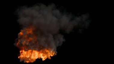 Geniş açılı yoğun ateş manzarası üzerinde yoğun siyah duman yükseliyor ve Parlak Alevli Alevler Siyah Arkaplan 'da önemli bir yanma olayı gösteriyor