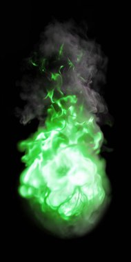 Yeşil alevlerle izole edilmiş uzun ve geniş bir ateş ve siyah arkaplanda yanan bir meşale gibi detaylı bir duman.