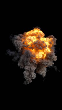 Yoğun Büyük Havadan Patlama Bulutu: Değişen Turuncu ve Açık Gri. Siyah arkaplanda dalgalı ve çalkantılı bir duman.