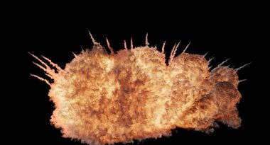 Merkezden yayılan duman ve ateşle izole edilmiş büyük bir patlama. Siyah arka planda dinamik ve kaotik bir görüntü var.