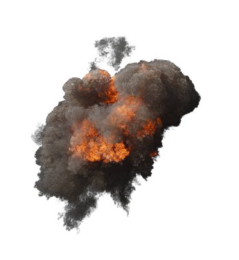 Çekirdeğinde alevler ve beyaz arka planda yoğun ve dalgalı kara dumanla çevrili izole edilmiş büyük patlama.