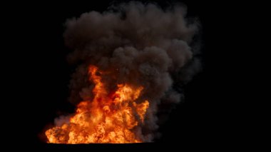 Yoğun, koyu bir duman bulutu ile güçlü bir ateş. Havaya yükselen duman ve Siyah Arkaplan 'da parlak, ateşli bir turuncu taban.