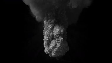 Side view of Isolated Grey and Thick Billowing Smoke Plume moving upward fast like a Volcano explosion on a black background