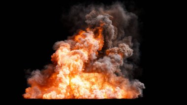 Şiddetli patlama alevler ve dumanlar siyah bir arka plana doğru yükseliyor ve dramatik bir görsel etki yaratıyor.