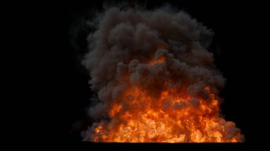 Büyük ve Yoğun Yağ Yangını 'ndan yükselen kara dumanla parlak turuncu alevler siyah bir arkaplanda önemli bir yangın olayıdır.