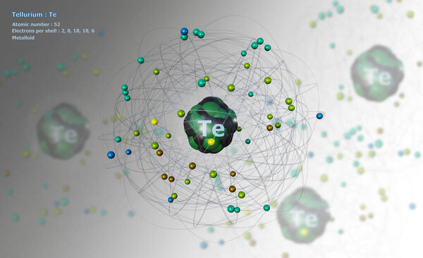 Atom of Tellurium with detailed Core and its 52 Electrons on white with Atoms in background