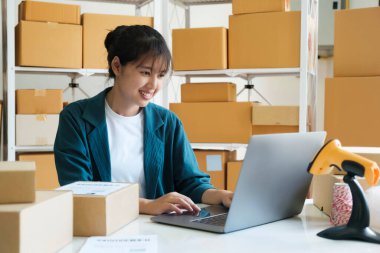 Genç bayan küçük işletme girişimcisi, online girişimci evde dizüstü bilgisayarla uyanan mutlu ve heyecanlı online sipariş veren müşteriler. Çevrimiçi ticaret, e-ticaret kuyrukluyıldızı.