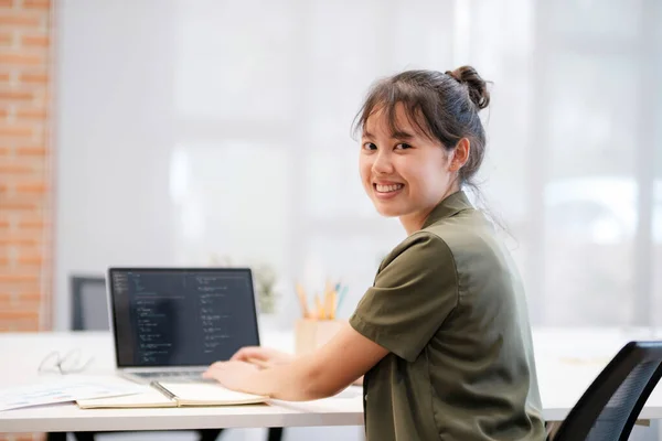 Close Young Asian Businesswoman Working Hard Office Using Laptop Data — Stock Photo, Image