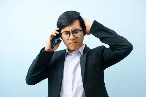 Portrait Young Smart Asian Businessman Eyeglasses Standing Talking Mobile Phone — Foto de Stock