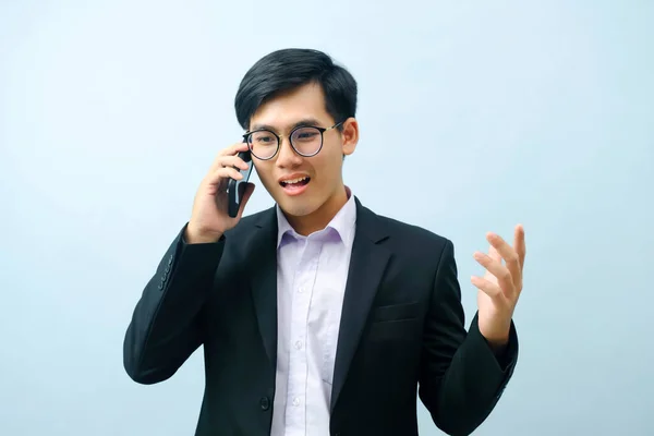 Portrait Young Smart Asian Businessman Eyeglasses Standing Smiling Talking Mobile — Stock Photo, Image