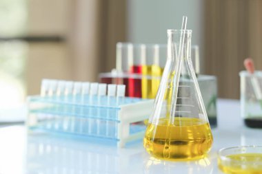 Laboratuvar araştırma ve geliştirme kavramı. Test tüpleri mikroskopla.