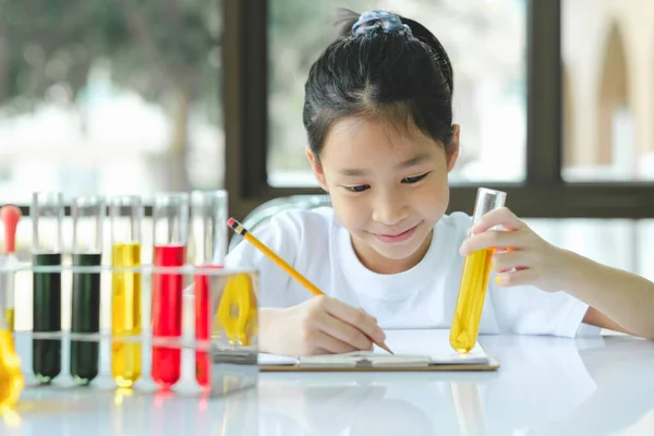 Little Preschool Girl Interested Laboratory Lesson Taking Notes Book Her — Stock Photo, Image