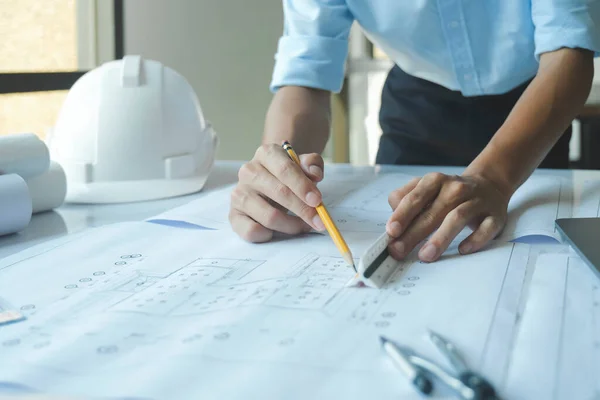Hands Architect Engineer Pointing Architectural Plan Have Coordination Meeting Make — Stock Photo, Image