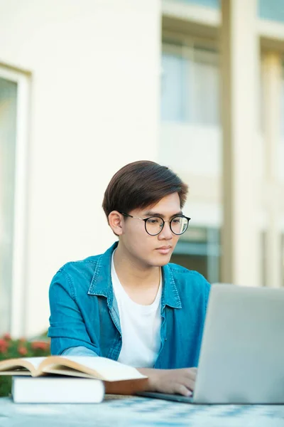 年轻的男大学生 戴着眼镜 身穿休闲装 坐在室外学习 用笔记本电脑打字 用于学校项目和研究 教育和电子学习概念 — 图库照片