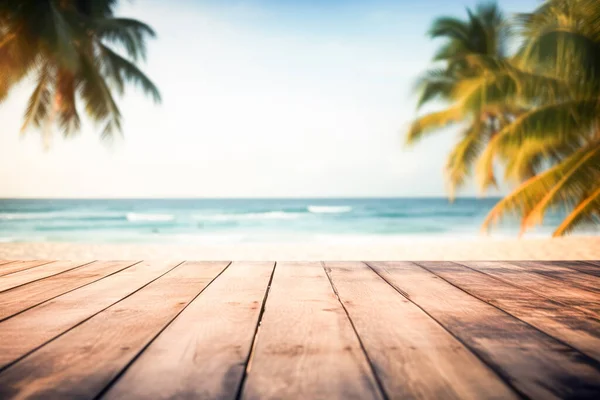 Top Wood Table Seascape Blur Calm Sea Sky Tropical Beach — Stock Photo, Image