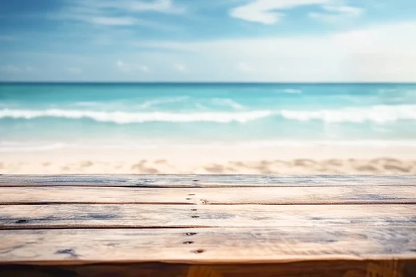 Top Wood Table Seascape Blur Calm Sea Sky Tropical Beach — Stock Photo, Image