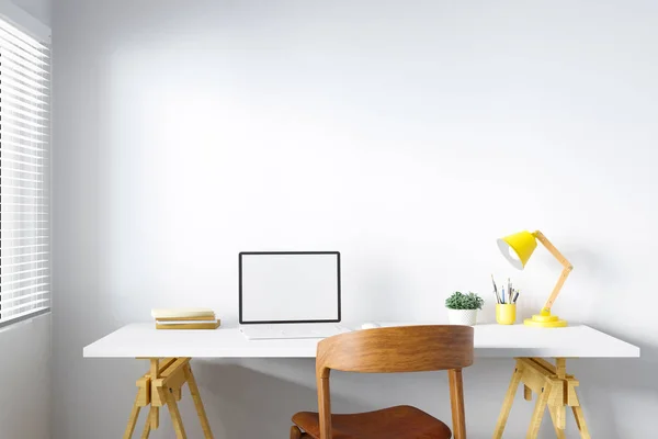 Desk at home office with supplies and wall copy space. Minimalistic workspace. 3D Rendering