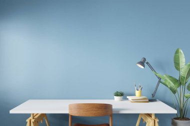 Ofiste malzeme ve duvar fotokopi alanı olan bir masa. Asgari çalışma alanı. 3B Hazırlama