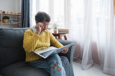 Kanepede oturan yaşlı Asyalı kadın ve oturma odasında mutlu yüzlü bir şekilde dizüstü bilgisayar kullanıyor. Yeni beceri teknolojisi öğrenen yaşlılar için fikir