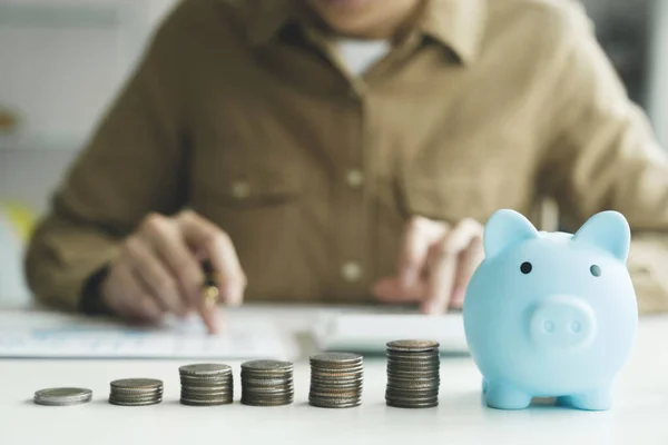 stock image Woman hand putting coin on pig saving. Saving money wealth and financial concept, Business, finance, investment, Financial planning.