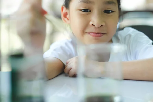 Schulmädchen Lässt Wissenschaftlichen Chemielabor Mit Einer Langen Glaspipette Eine Flüssige — Stockfoto