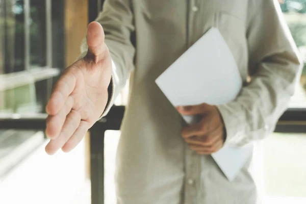 Businessman Hand Reaching Out Offering Handshake Close Agent Reach Out — Stock Photo, Image
