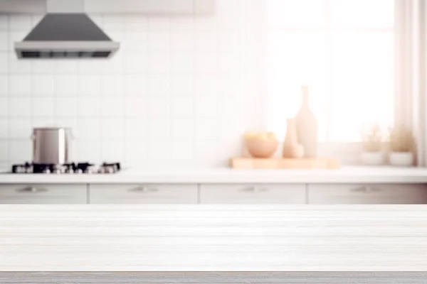 Stock image Empty beautiful wood table top counter and blur bokeh modern kitchen interior background in clean and bright,Banner, Ready for product montage.