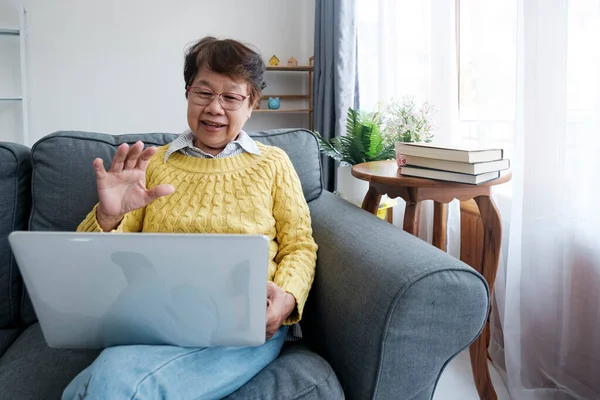 Gülümseyen Asyalı Yaşlılar Dizüstü Bilgisayarlarındaki Canlı Çevrimiçi Video Konferanslarıyla Aileleriyle — Stok fotoğraf