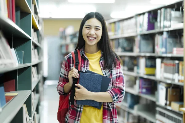 University Library Study Portrait Smart Beautiful Asian Girl Holding Study — Fotografia de Stock