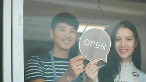 Open Barista Waitress Waiter Turning Open Sign Board Glass Door — Stock Photo, Image
