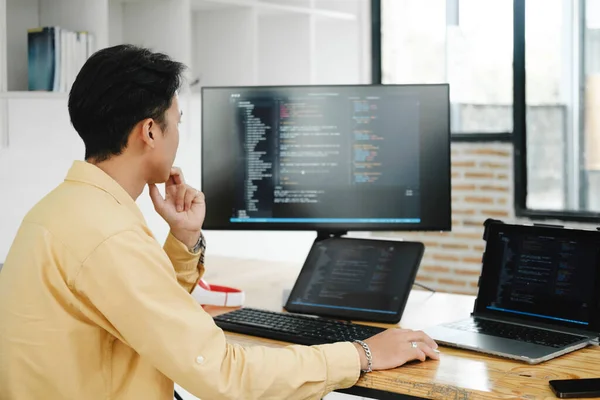 Programmer Starts Working Desktop Computer Website Developer Software Engineer Developing — Stock Photo, Image