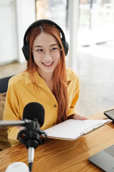 Woman Recording Podcast Her Laptop Computer Headphones Microscope Female Podcaster — Fotografia de Stock