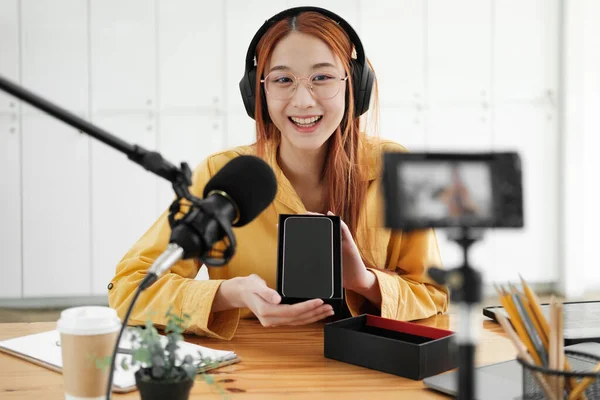 Woman Recording Podcast Her Laptop Computer Headphones Microscope Female Podcaster — Foto de Stock