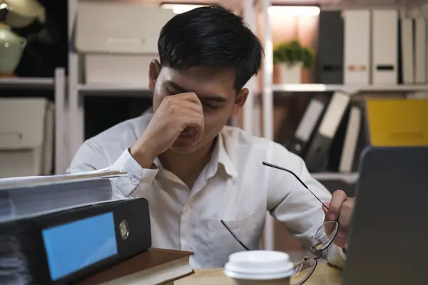 Asian Young Tired Staff Businessman Using Desktop Computer Having Overwork — Stock Photo, Image