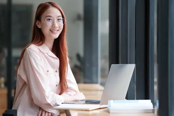 Charming Confident Young University Student Businesswoman Sitting Working Laptop Office Stock Picture