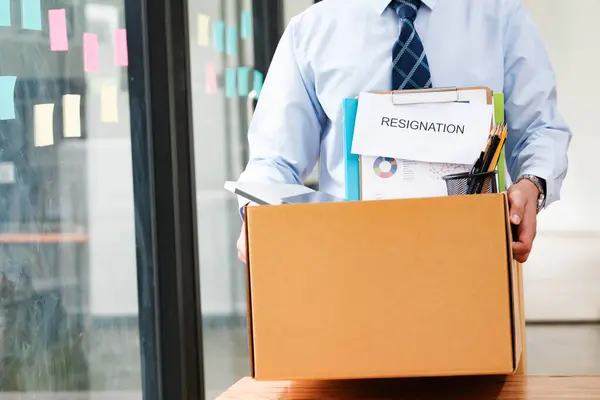 Professional Man Exiting Office Personal Belongings Resignation Letter Embarking New — Stockfoto