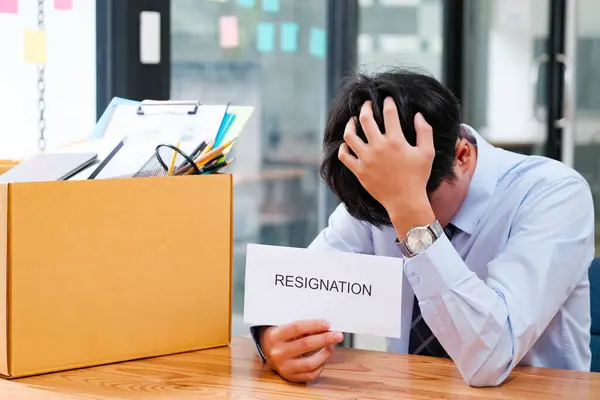 Contemplative Man Office Desk Packed Box Resignation Letter Reflecting Career — Stockfoto
