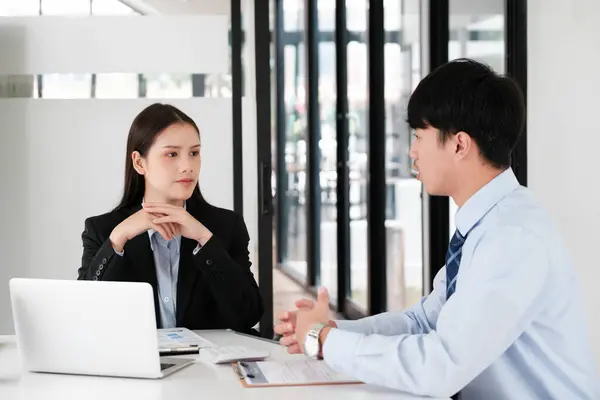 Candidate Engaged Job Interview Hiring Manager Discussing Qualifications Employment Opportunities Stock Image