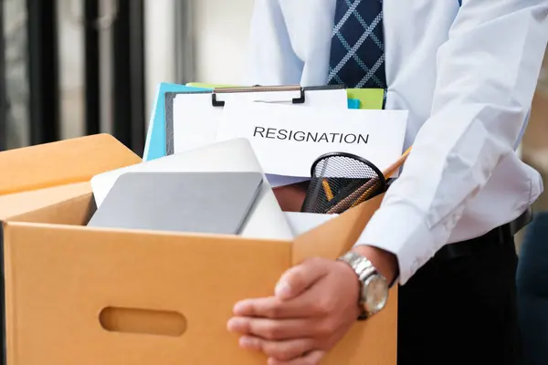Male Employee Packing His Personal Belongings Cardboard Box Resignation Letter Stock Picture