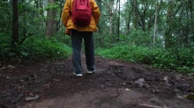 Kırmızı bir sırt çantasıyla pis bir yolda yürüyen biri. Sarı bir ceket giyiyor.