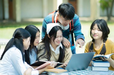 Bir grup üniversite öğrencisi kampüste birlikte okuyorlar, bir dizüstü bilgisayar ve kitapları ortak bir ortamda kullanıyorlar..