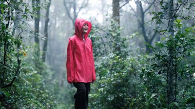 A smiling woman in a red raincoat hiking through a lush, misty forest on a rainy day, surrounded by greenery and enjoying the serene atmosphere and natural beauty. clipart