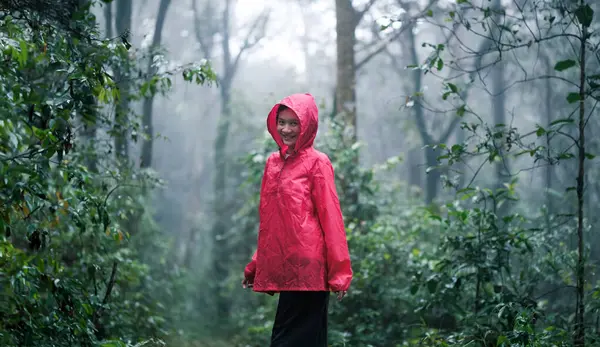 stock image A smiling woman in a red raincoat hiking through a lush, misty forest on a rainy day, surrounded by greenery and enjoying the serene atmosphere and natural beauty.