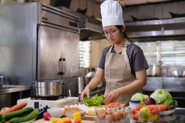 Bir şef, sağlıklı yemek hazırlamak için organik malzemeler kullanarak temiz yemek ve çiftlikten masaya yaklaşımı temsil eden ticari bir mutfakta sebze hazırlar..