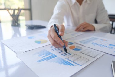 İş adamlarından oluşan bir ekip, pazarlama planı, piyasa araştırma raporları ve gelir istatistikleri, Mali ve Muhasebe kavramının verilerini analiz etmek üzere toplanıyor..