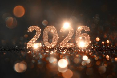 The image is a blurry, glowing, and sparkling representation of the year 2026. The letters 2026 are visible in the center of the image, surrounded by a glittering background